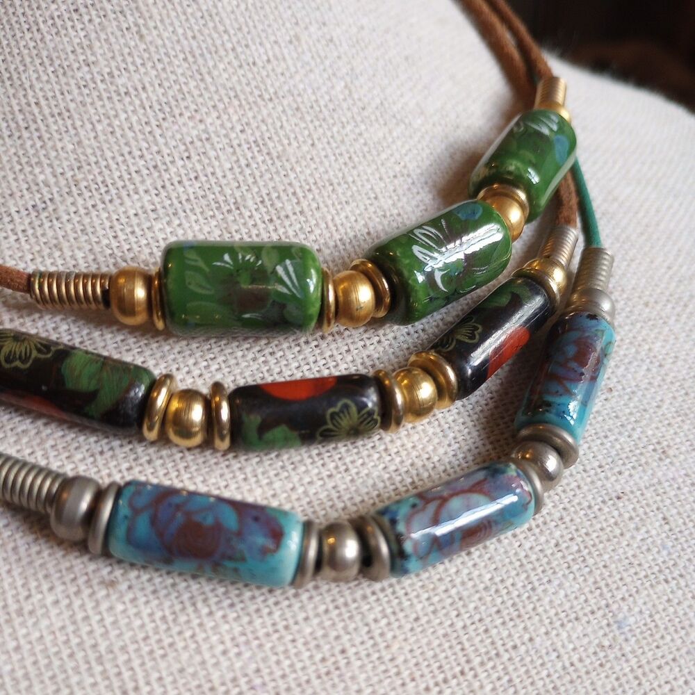 lot of 3 Vintage 90's Y2K Style Blue Green Black Ceramic Bead Choker Necklaces
